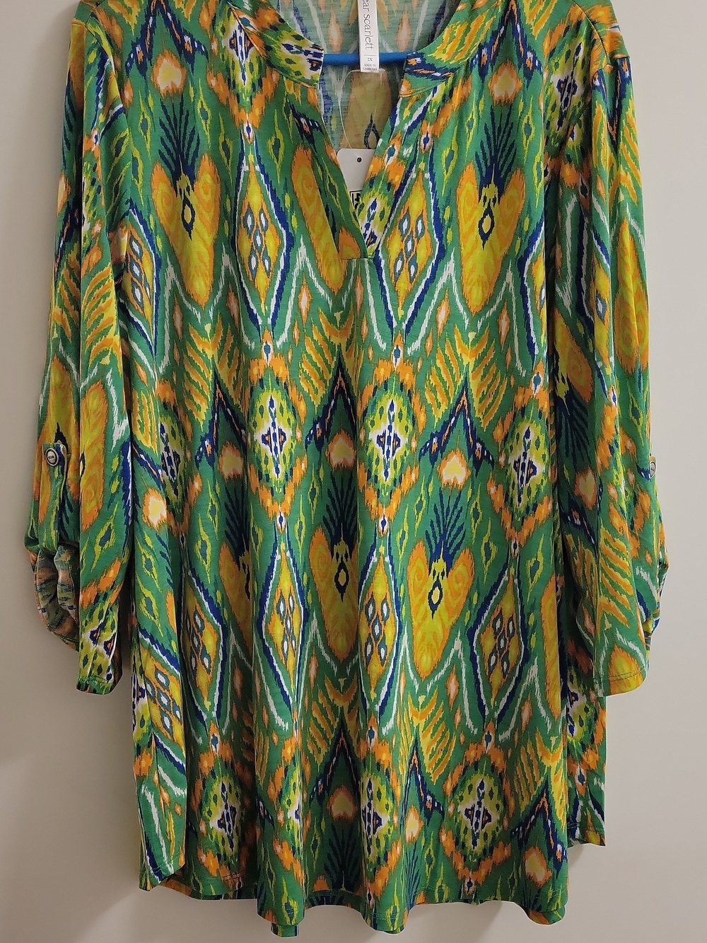 Dear Scarlett 3/4 Roll Tab Sleeve Green and Yellow Tunic Top Size 2x‎